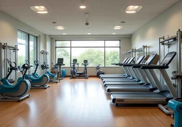 Spacious rehabilitation room with various exercise machines